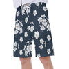 White Flowers on Dark Blue Floral Beach Print Men's Beach Hawaiian Shorts
