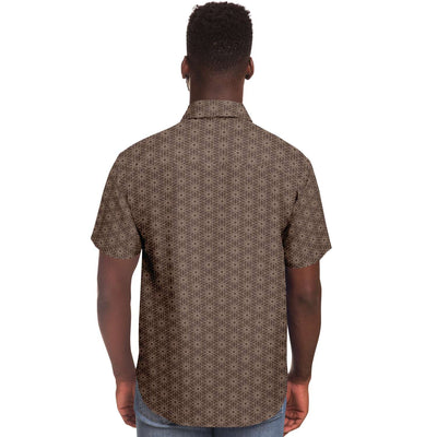 Mocha Brown Floral Geometric Men's Short Sleeve Button Down Shirt - kayzers