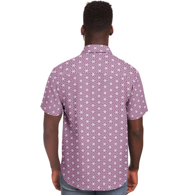 Rosewood Pink Geometric Floral Print Men's Short Sleeve Button Down Shirt - kayzers