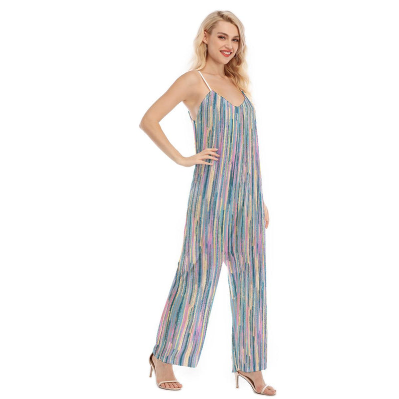 Striped Glitter Abstract Geometric Print Women's Loose Cami Jumpsuit