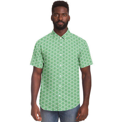 Fern Green Floral Geometry Print Men's Short Sleeve Button Down Shirt - kayzers