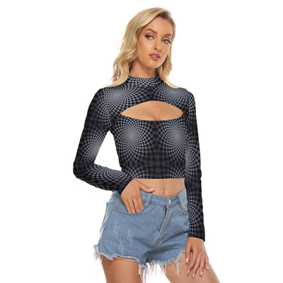Black Checkers Psychedelic Illusion Mind Trick Trippy Print Women's Hollow Chest Tight Crop Top