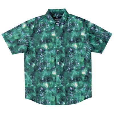 Faded Emerald Green Abstract Galaxy Marble Print Men's Short Sleeve Button Down Shirt - kayzers