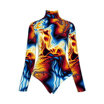 Abstract Colorful Psychedelic Marble Print Women's Turtleneck Long Sleeve Bodysuit
