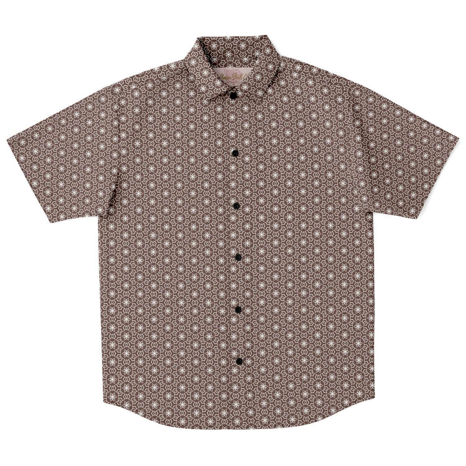 Espresso Brown Geometric Flower Print Men's Short Sleeve Button Down Shirt - kayzers