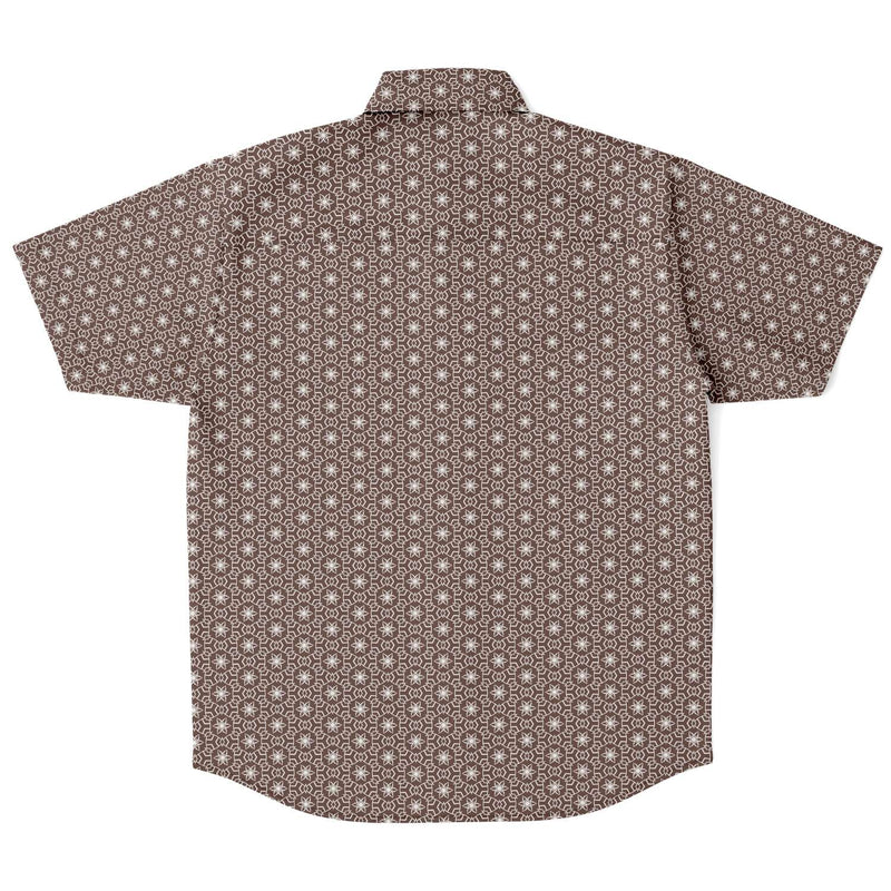 Espresso Brown Geometric Flower Print Men's Short Sleeve Button Down Shirt - kayzers