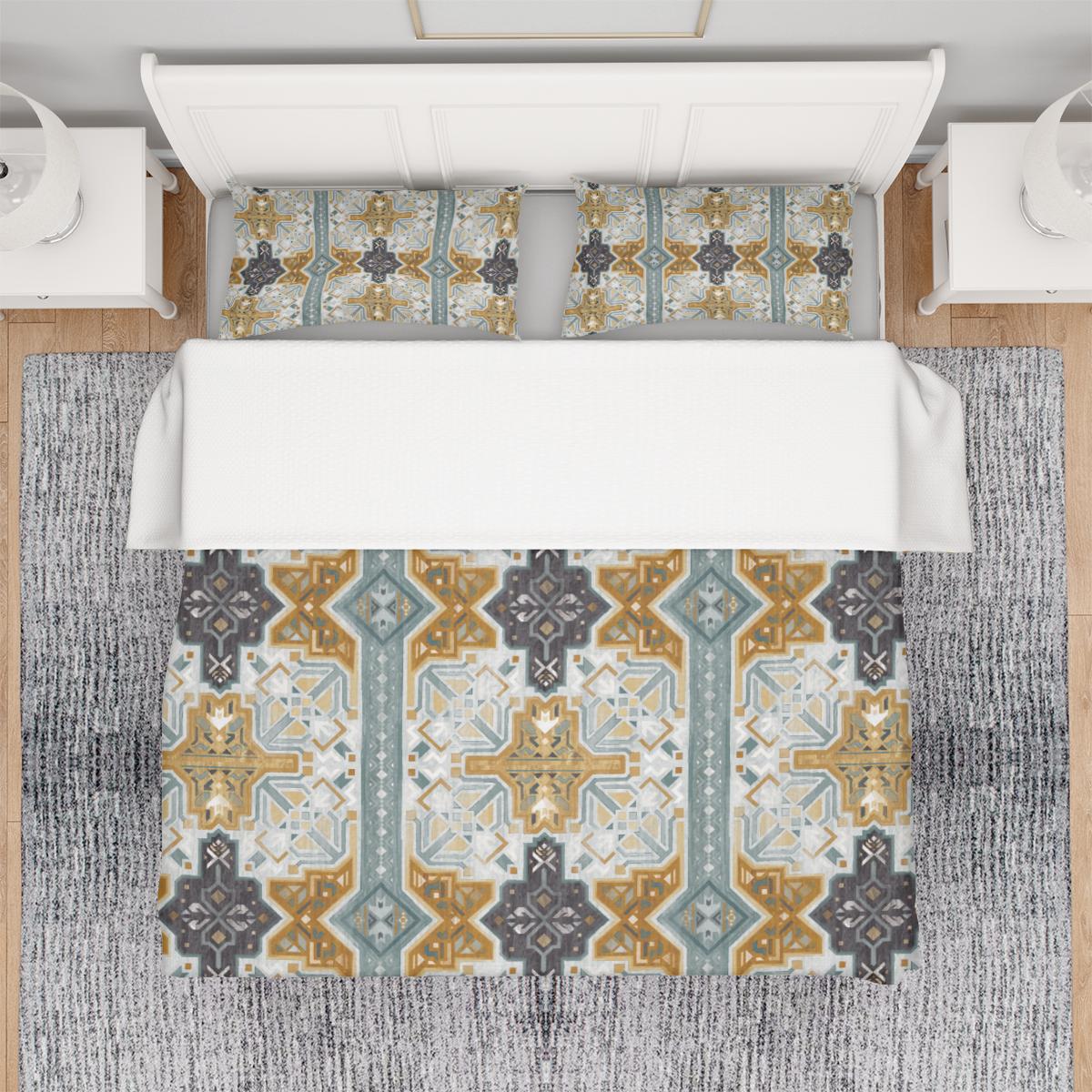 Cement Gray Mustard Teal Bohemian Geometric Textured Aesthetic Print Three Piece Duvet Cover Set