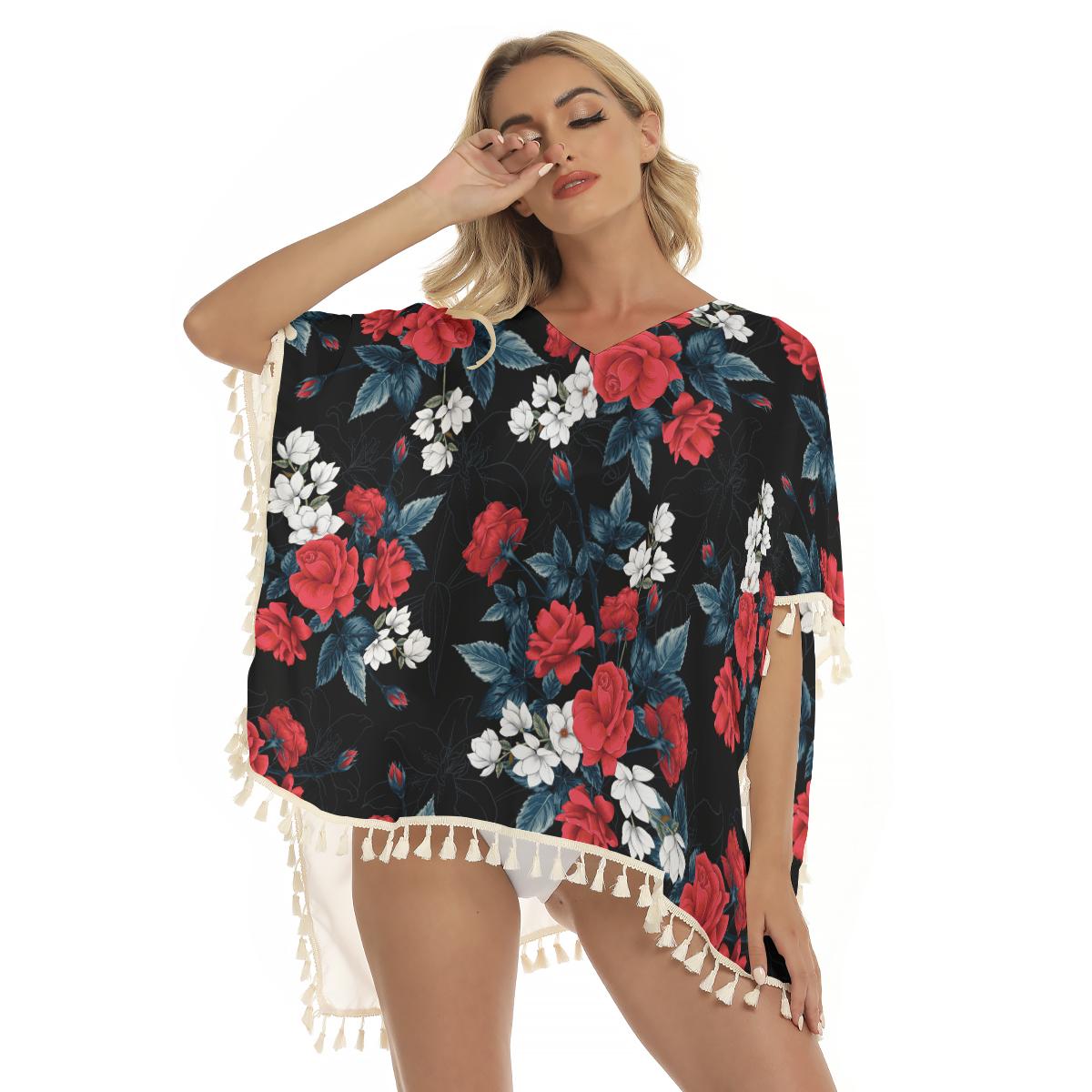 Red Roses Flowers Floral Rose Print Women's Square Fringed Shawl, Bikini Cover Up