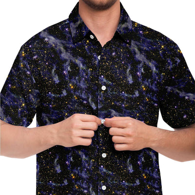 Blue Blaze Galaxy Space Clouds Stars Print Men's Button Down Shirt - kayzers