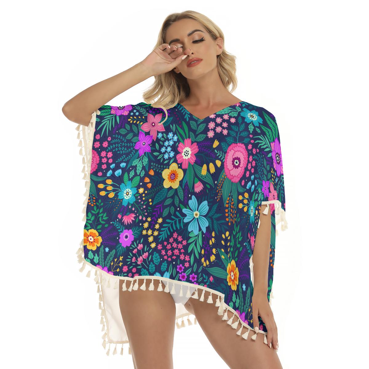Bright Colorful Floral Flowers Tropical Print Women's Square Fringed Shawl, Bikini Cover Up