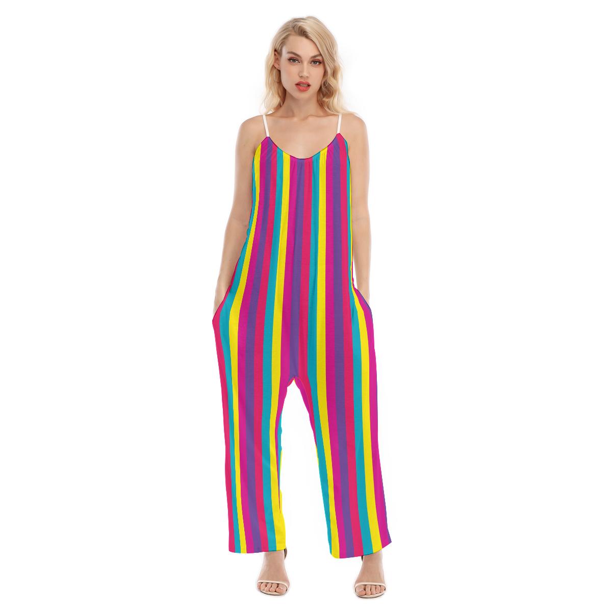 Pink Red Yellow Colorful Stripes Geometric Print Women's Loose Cami Jumpsuit