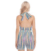 Pink Blue Glitter Stripes Texture Print Women's Cross Collar Jumpsuit