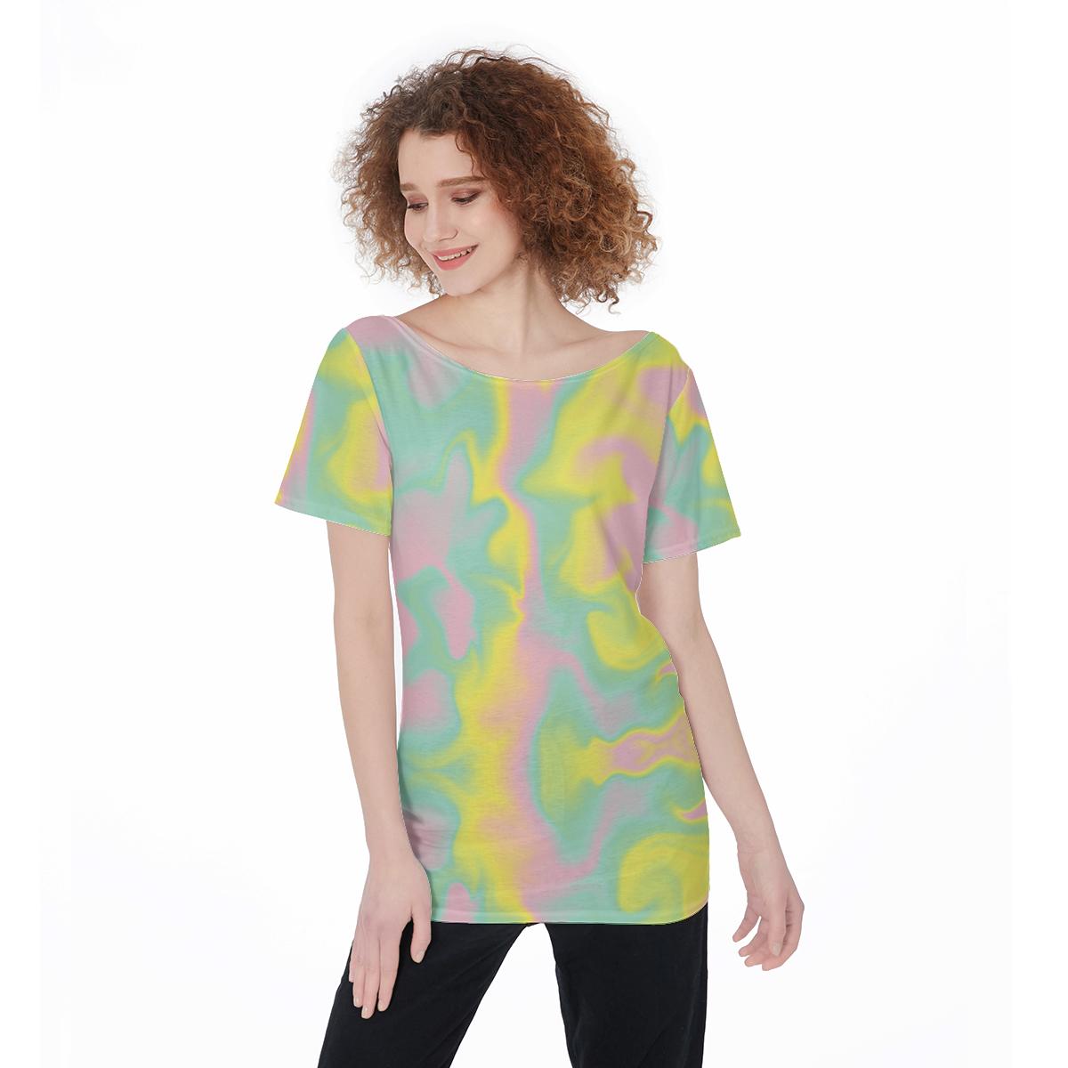 Pink Mint Green Yellow Tinge Hues Ombre Iridescence Women's Drop  Print Women's Off-Shoulder T-Shirt