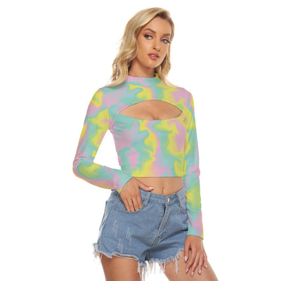 Yellow Mint Green Iridescence Ombre Holographic Cloud Print Women's Hollow Chest Tight Crop Top