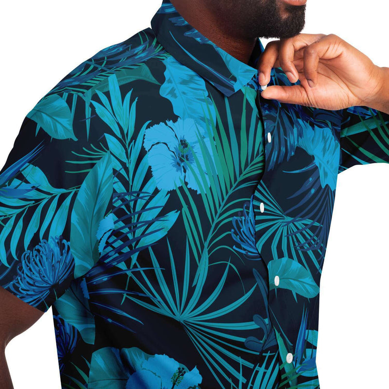 Blue Neon Tropical Print Beach Floral Hibiscus Palm Leaves Men's Matching Shirt And Shorts Set, Matching Beach Hawaiian Sets - kayzers