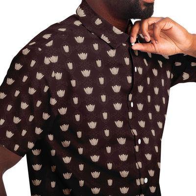 Chocolate Brown Lotus Flower Print Men's Short Sleeve Button Down Shirt - kayzers
