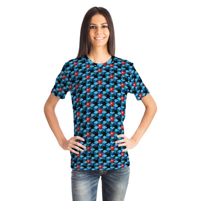 Blue Cubes And Red Balls Geometric 3D Space Unisex Men Women T-shirt - kayzers