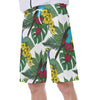 Tropical Yellow Flowers Palm Leaves Print On White Robin Bird Beach Hawaiian Men's Beach Shorts