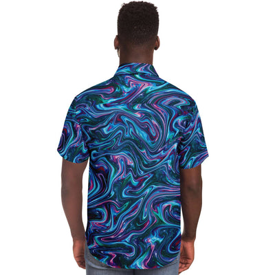 Blue Green Liquid Magma Plasma Psychedelic Swirls Trippy Print Men's Short Sleeve Button Down Shirt - kayzers
