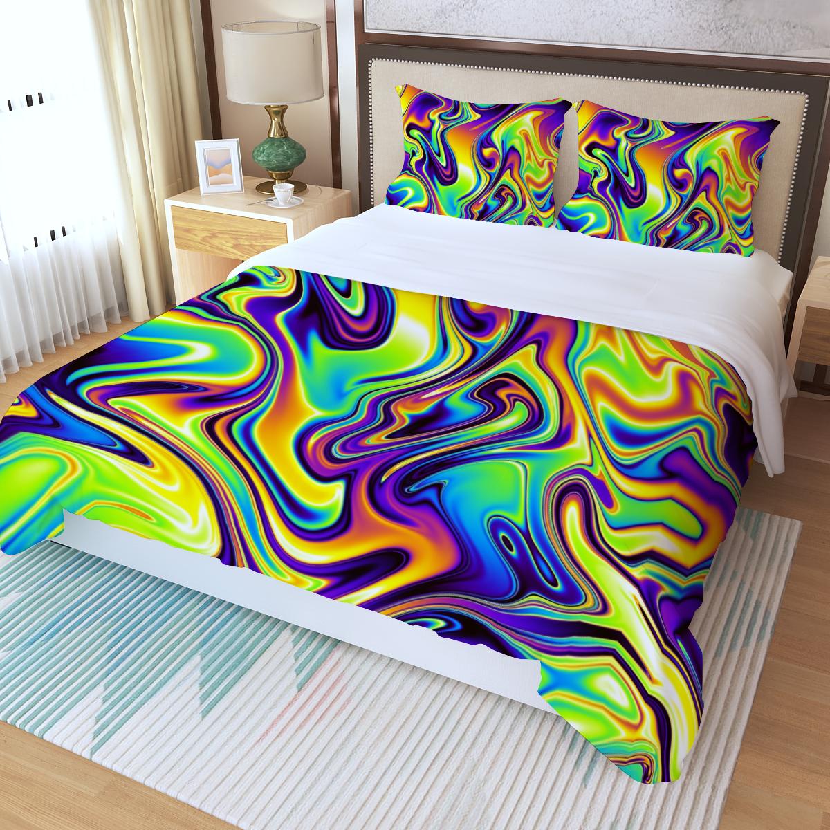 Liquid Paint Swirls Waves Psychedelic Abstract Colorful Print Three Piece Duvet Cover Set