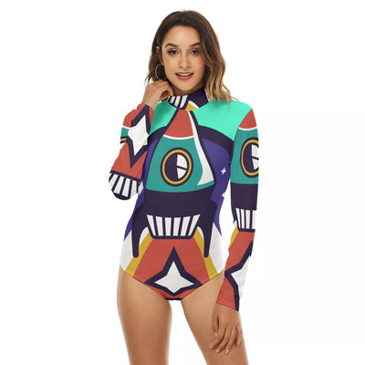 Abstract Colorful Rocket Print Women's Turtleneck Long Sleeve Bodysuit
