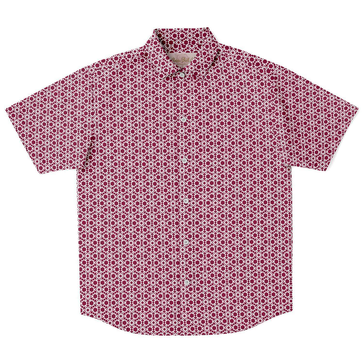 Blood Red Geometric Floral Print Men's Short Sleeve Button Down Shirt - kayzers