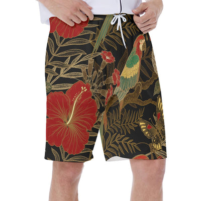 Tropical Red Hibiscus Flower Macaw Floral Print Men's Beach Hawaiian Shorts