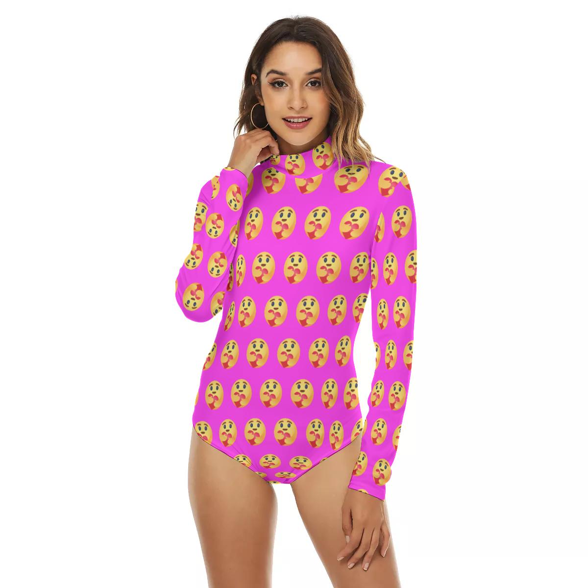 Pink In Love Emoji Print Women's Turtleneck Long Sleeve Bodysuit, Care Emoji Bodysuit