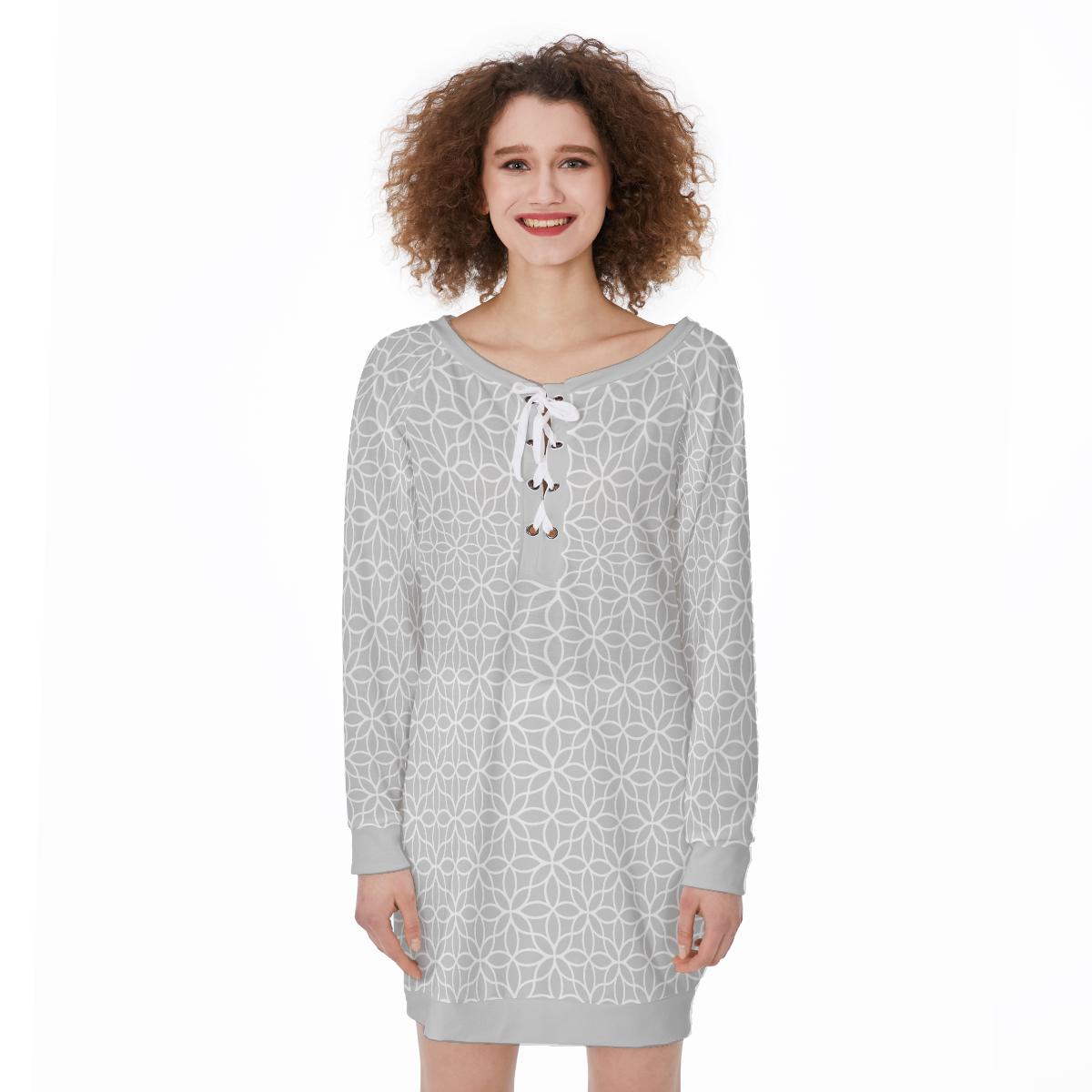 Cement Grey Geometric Oriental Pattern Print Women's Lace-Up Sweatshirt
