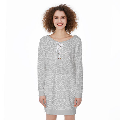 Cement Grey Geometric Oriental Pattern Print Women's Lace-Up Sweatshirt