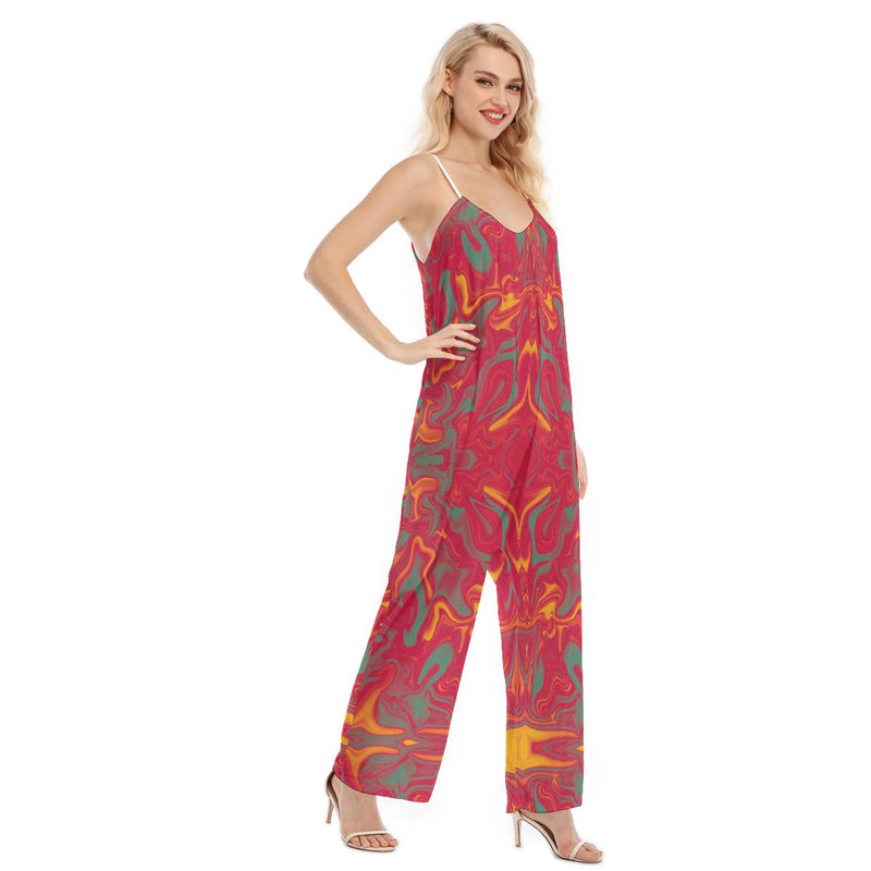 Candy Pop Red Liquid Abstract Sunset Paint Yellow Ombre Reflective Print Women's Loose Cami Jumpsuit