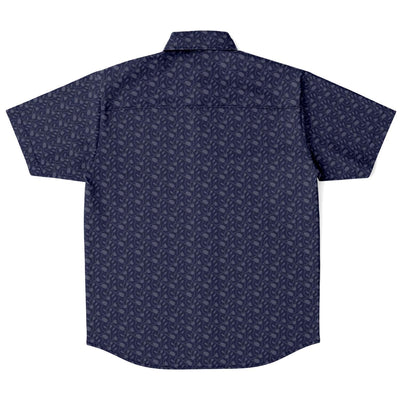 Navy Blue Ornamental Floral Print Men's Short Sleeve Button Down Shirt - kayzers