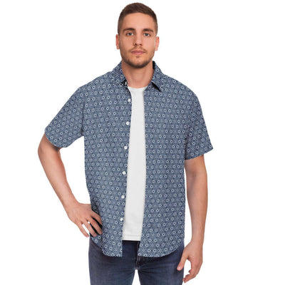 Blue White Geometric Floral Web Print Men's Short Sleeve Button Down Shirt - kayzers
