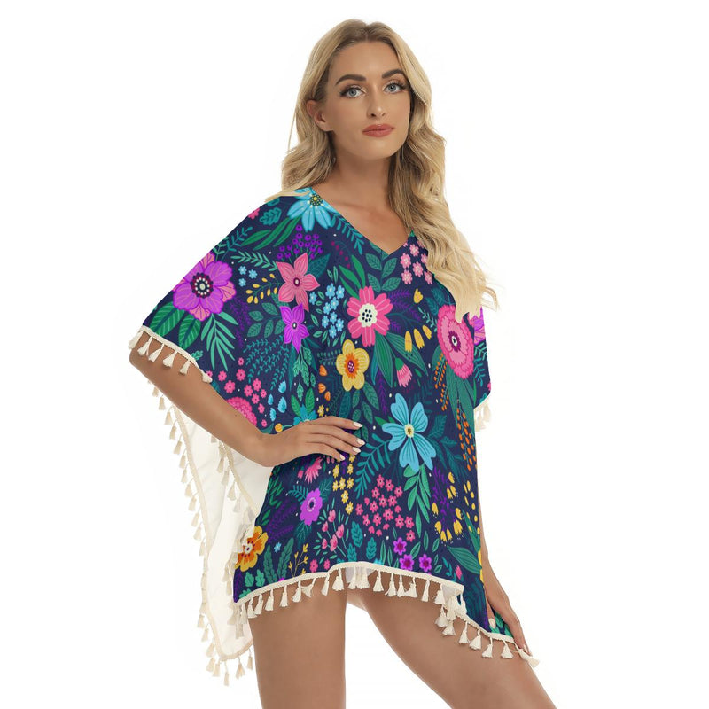 Bright Colorful Floral Flowers Tropical Print Women's Square Fringed Shawl, Bikini Cover Up