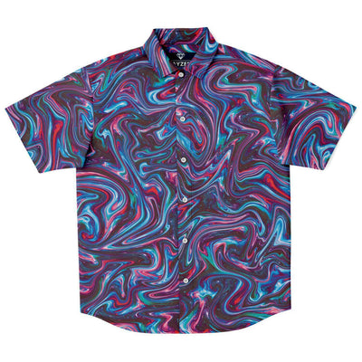 Fast Dry Red Blue Liquid Magma Plasma Psychedelic Swirls Trippy Print Men's Short Sleeve Button Down Shirt - kayzers