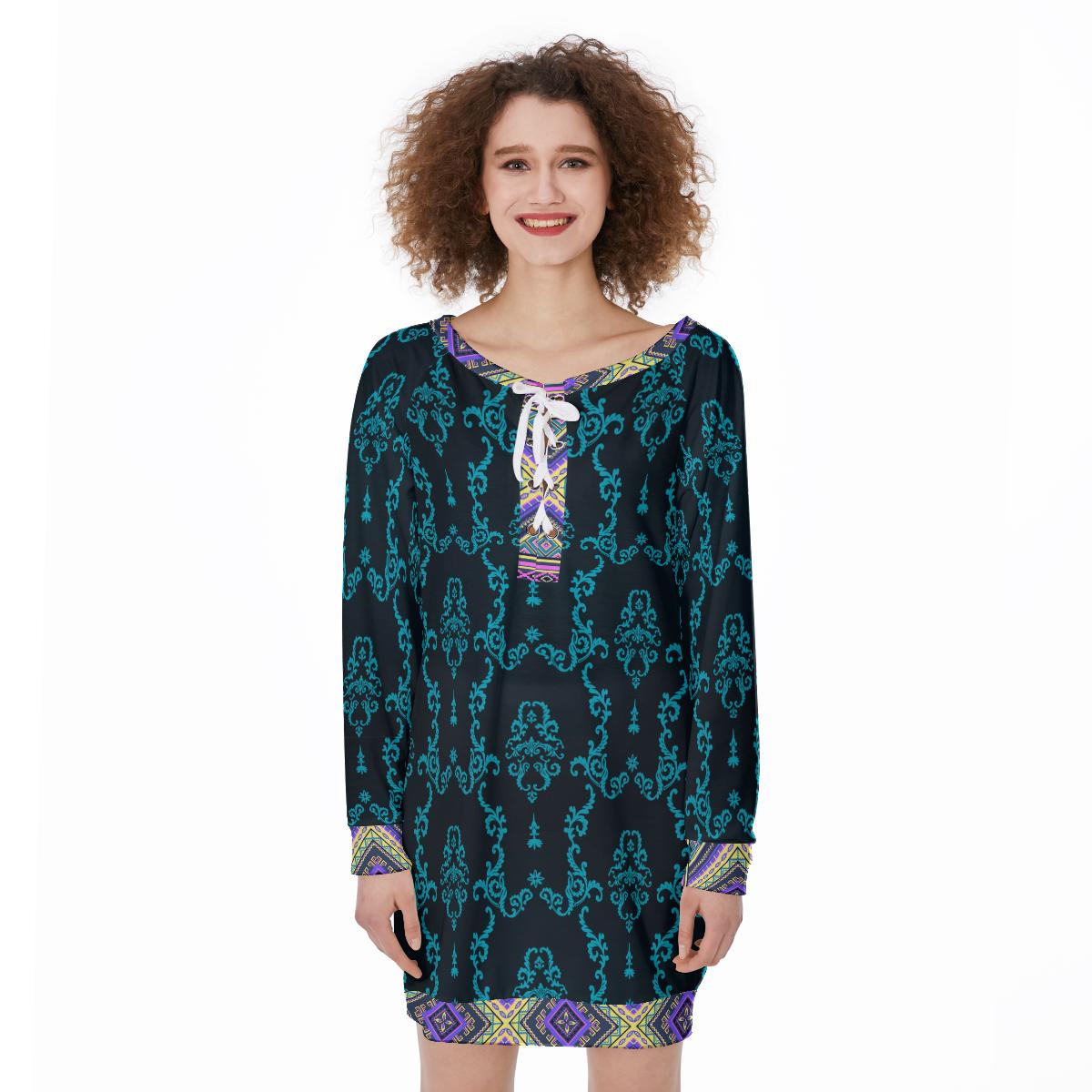 Blue Green Floral Geometric Decorative Ornament Abstract Women's Lace-Up Sweatshirt