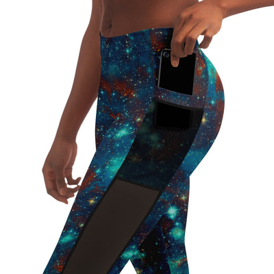 Blue Sky Galaxy Stars Space Abstract Red Ombre Clouds Print Mesh Pocket Leggings - kayzers