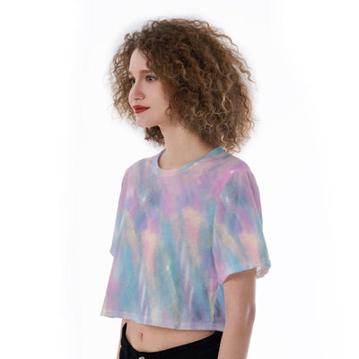 Watercolor Paint Pink Blue Cotton Candy Mix Abstract Art Print Cropped T-Shirt