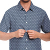 Blue White Geometric Floral Web Print Men's Short Sleeve Button Down Shirt - kayzers