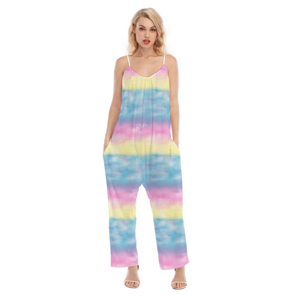 Iridescence Ombre Clouds Blue Yellow Pink Vanilla Sky Ice Cream Print Women's Loose Cami Jumpsuit