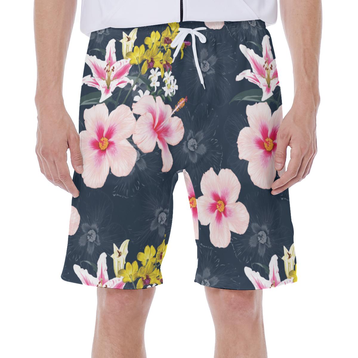 Pink Hibiscus Yellow Flowers Floral Beach Hawaiian Print Men's Beach Shorts