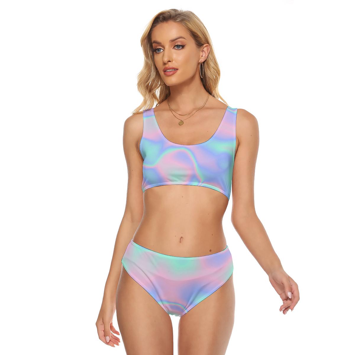 Ombre Iridescence Holographic Abstract Cotton Candy Cloud Print Women's Crop Top Swimwear Suit