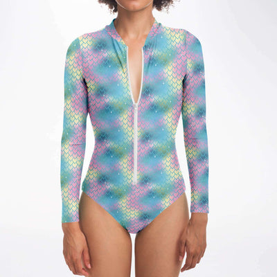 Mermaid Scales Ombre Iridescence Long Sleeve Bodysuit With UV Protection - kayzers