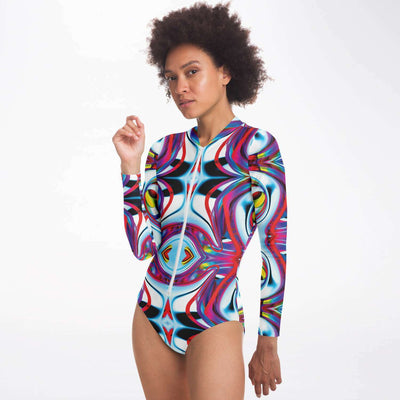 Rave Festival Wavy Stripes Tropical Colors Long Sleeve Zipper Bodysuit - kayzers