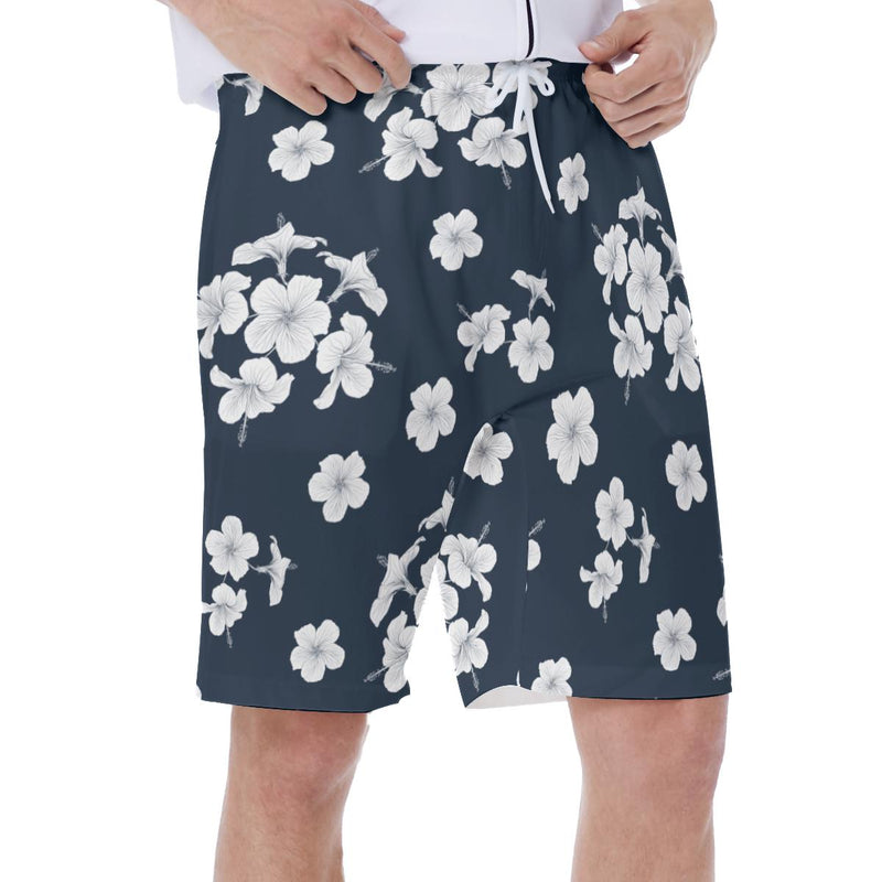 White Flowers on Dark Blue Floral Beach Print Men's Beach Hawaiian Shorts