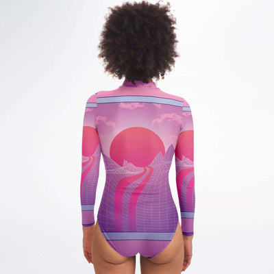 Pink Vaporwave Landscape Long Sleeve Zipper Bodysuit - kayzers