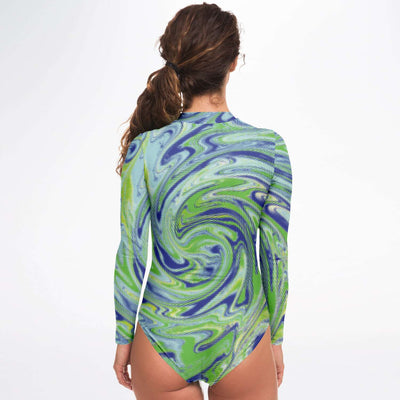 Mint Green Halftone Waves Swirls Twirl Psychedelic Marble Abstract Grunge Art Designer Brand UV Protection Full Sleeve Bodysuit - kayzers