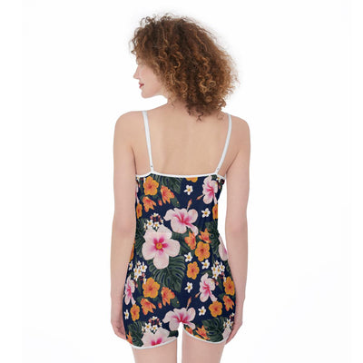 Tropical Flowers Hibiscus Frangipani Floral Print Jumpsuit Romper Women's Suspender Shorts