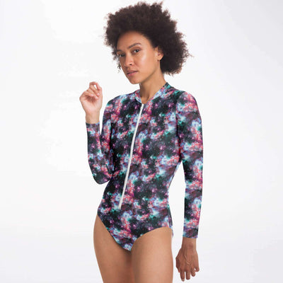 Galactic Clouds Deep Space Field Print Long Sleeve Bodysuit With Uv Protection - kayzers