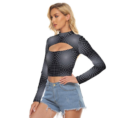 Black Checkers Psychedelic Illusion Mind Trick Trippy Print Women's Hollow Chest Tight Crop Top